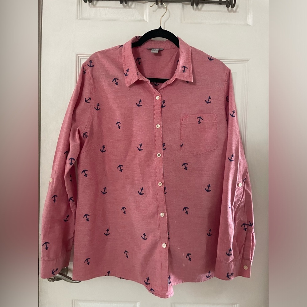 Bass Women’s Red Button-Down Shirt with Navy Anchor Print